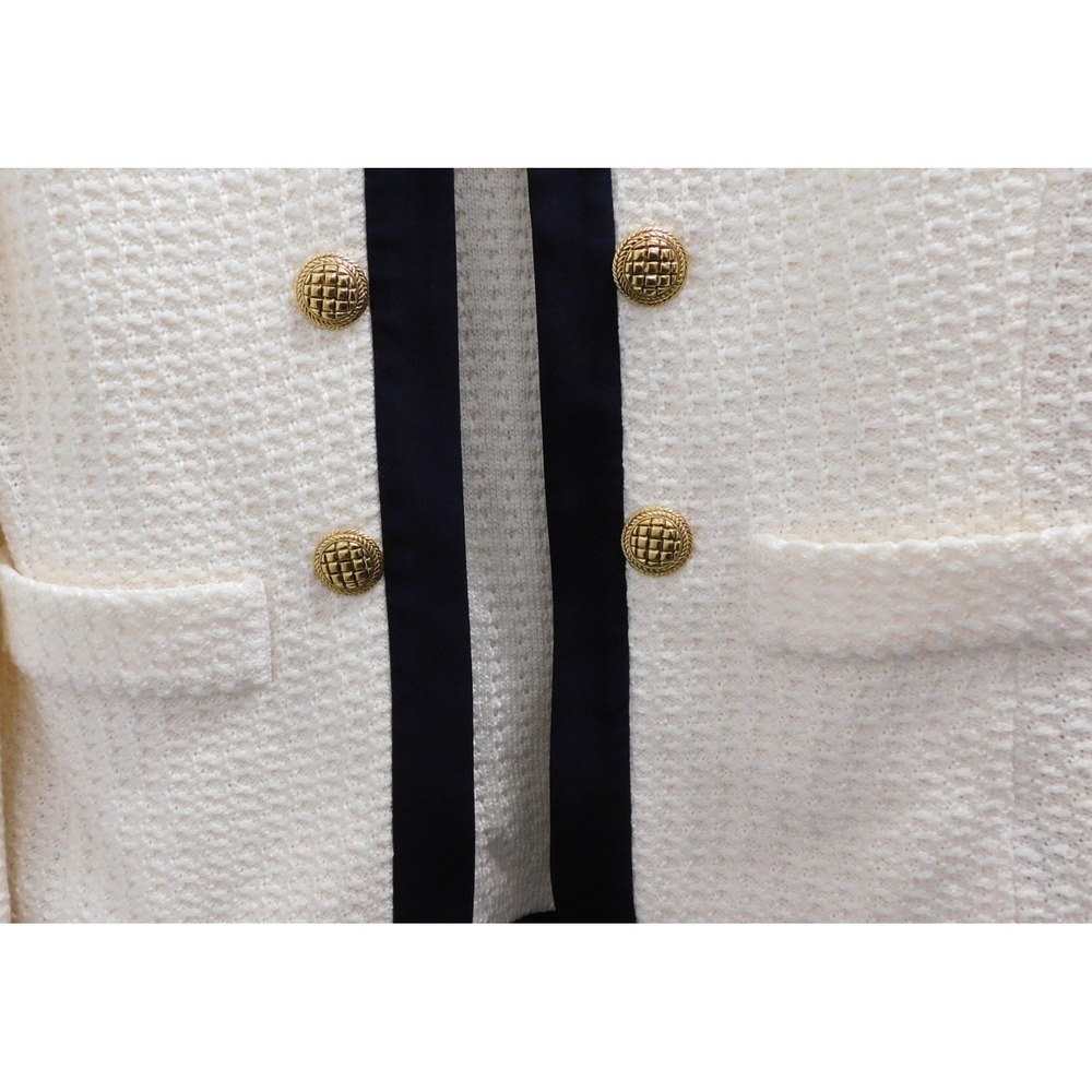 St. John Waffle Knit Jacket Ivory Textured Black Trim Sweater Blazer 2 - Picture 2 of 5